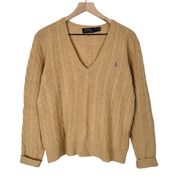 Polo Ralph Lauren Cashmere Merino Wool Cable Knit Jumper Sweater Camel Tan Vneck - Picture 6 of 12